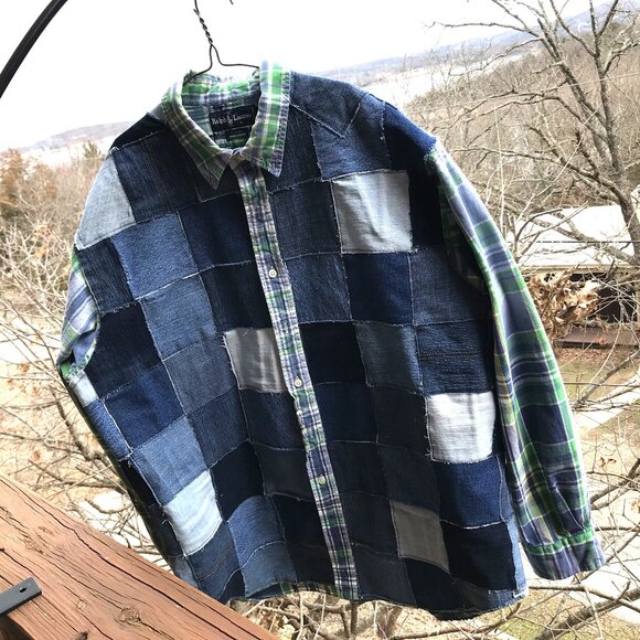 Upcycled Patchwork Jean Jacket, Men's XL: Lake of the Ozarks Denim Patch Shirt - Picture 5 of 14